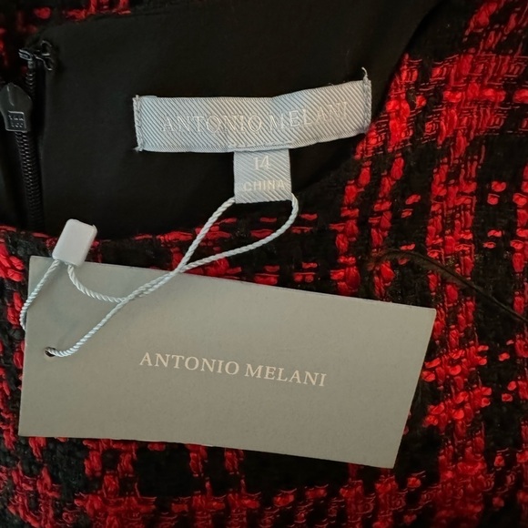 ANTONIO MELANI Irine Tweed Feather Sleeveless Sheath Dress Red Black NEW Holiday - Picture 6 of 7